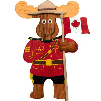 Canadian Wooden Magnet - RCMP Moose Officer with Canadian Flag