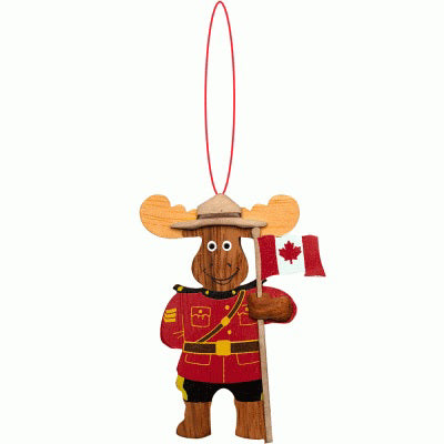 Canadian Wooden Ornament - RCMP Moose Officer with Canadian Flag