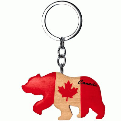 Canadian Wooden Keychain with Bear and Canadian Flag