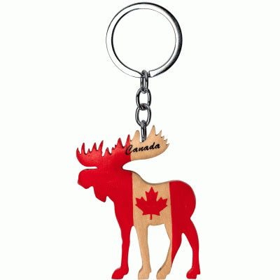 Canadian Wooden Keychain with Moose and Canadian Flag