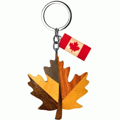 Canadian Wooden Keychain with Maple Leaf Mosaic Design and Canadian Flag Charm