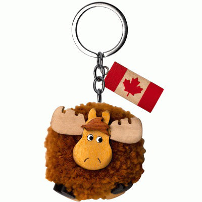 Moose Canadian Wooden Keychain with Flush Pom-Pom and Wooden Canadian Flag Charm