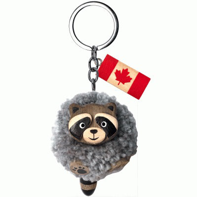 Racoon Canadian Wooden Keychain with Flush Pom-Pom and Wooden Canadian Flag Charm