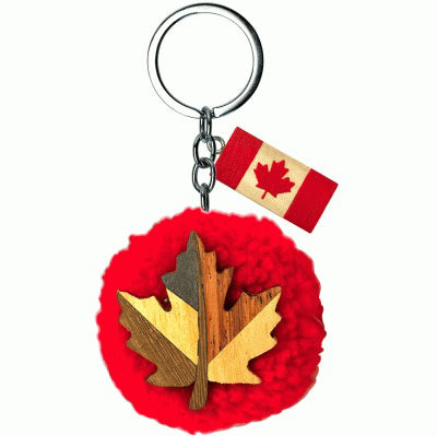 Maple Leaf Canadian Wooden Keychain with Flush Pom-Pom and Wooden Canadian Flag Charm