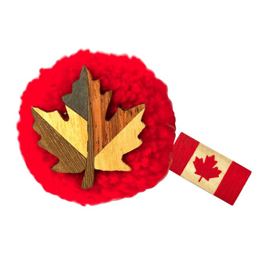 Canadian Wooden Pom-Pom Magnet - Maple Leaf with Canadian Flag