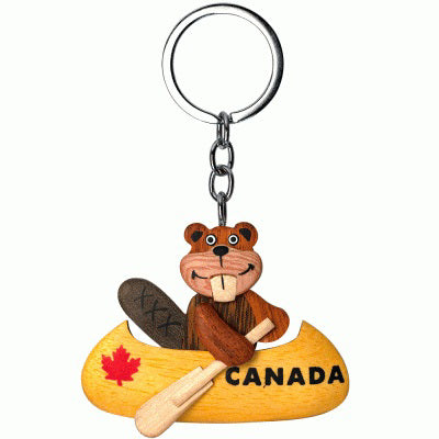 Canadian Wooden Keychain with Beaver in Kayak and Maple Leaf Print