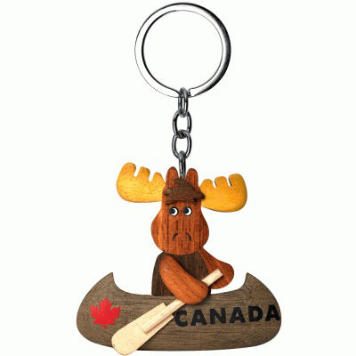 Canadian Wooden Keychain with Moose in Kayak and Maple Leaf Print