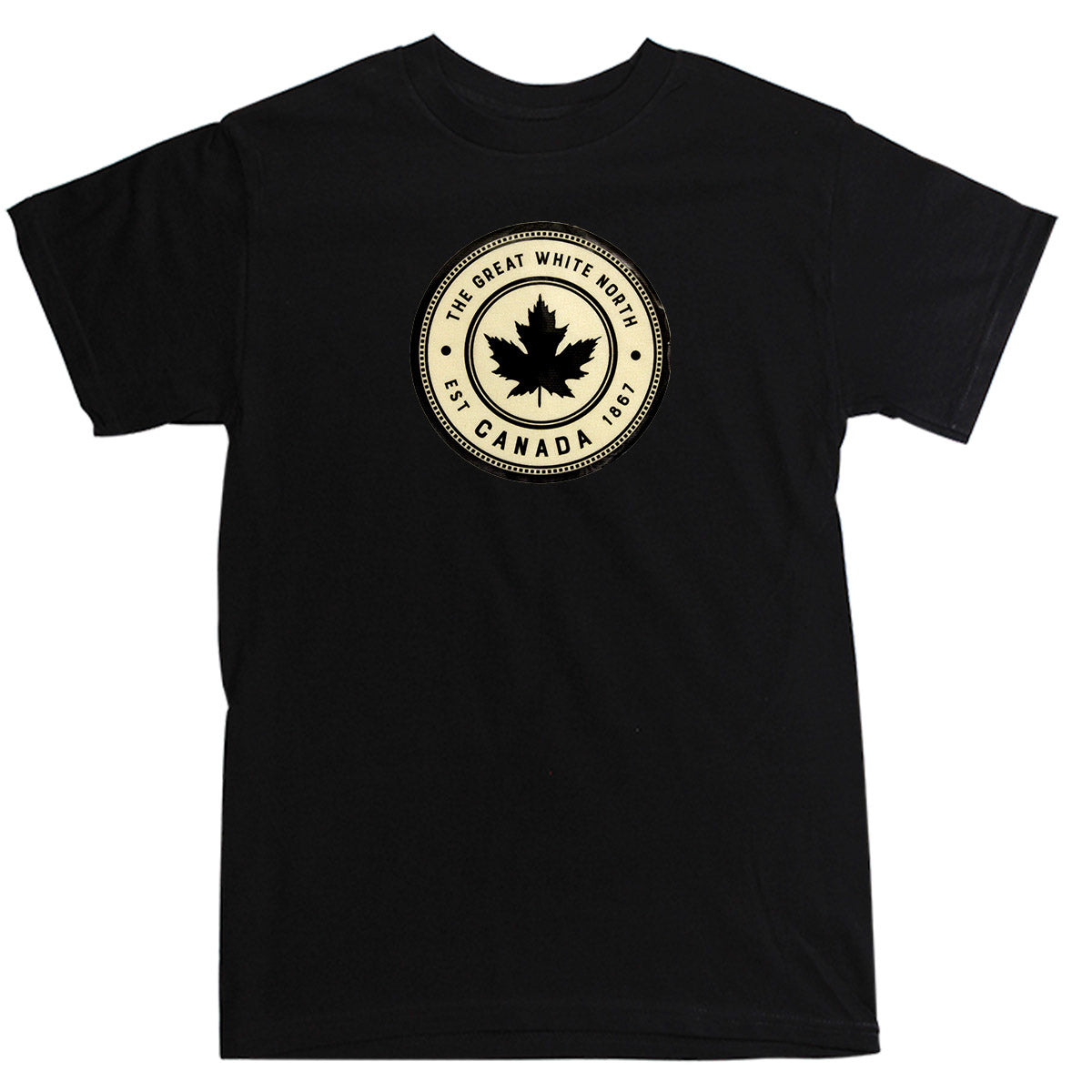 The Great White North Canada T-Shirt with Maple Leaf Applique in Black - Unisex