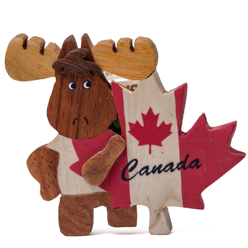 Canadian Wooden Magnet - Moose with Canadian Flag