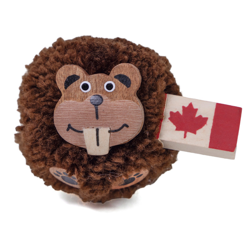 Canadian Wooden Pom-Pom Magnet - Beaver with Canadian Flag