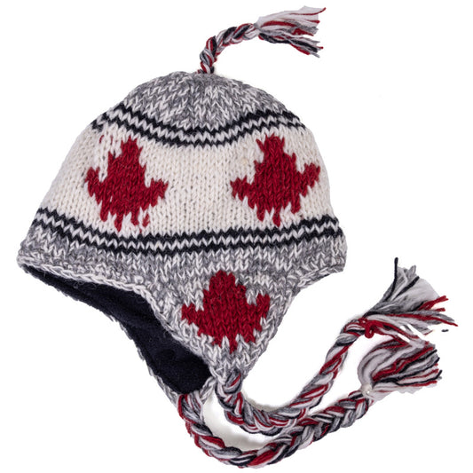 Hand Knitted Pilot Hat with Maple Leaf - White