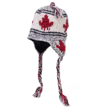 Hand Knitted Pilot Hat with Maple Leaf - White