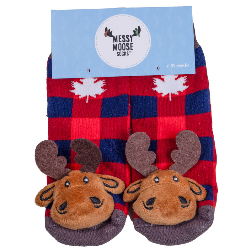 Baby and Toddler socks - Plaid Moose with Maple Leaf