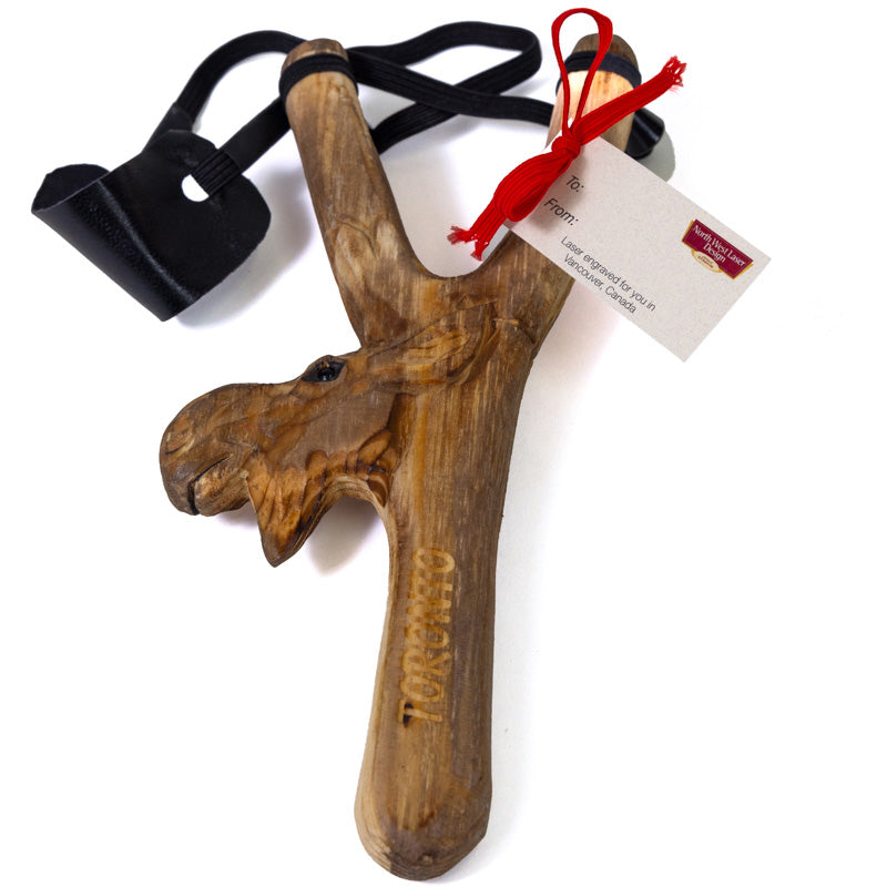 Wooden Slingshot - Carved Moose with Toronto Engraved