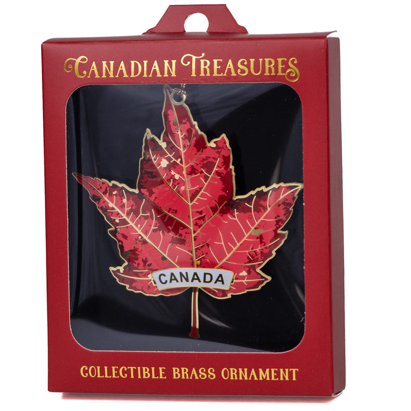 Canada Brass Ornament - Red Veined Maple Leaf