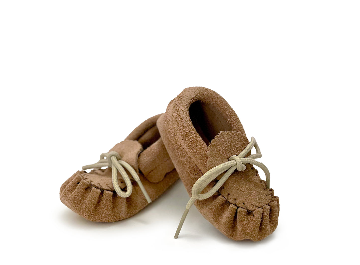 Baby suede moccasins with soft sole and lace up in moka