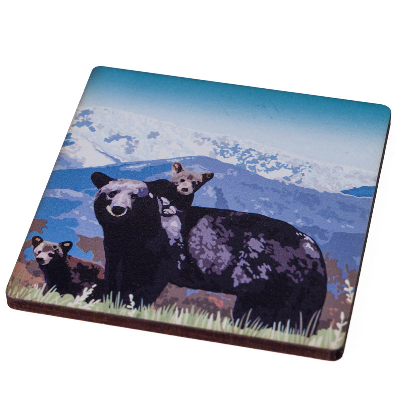 Canadian Black Bear Family in Mountains - Wooden Coaster