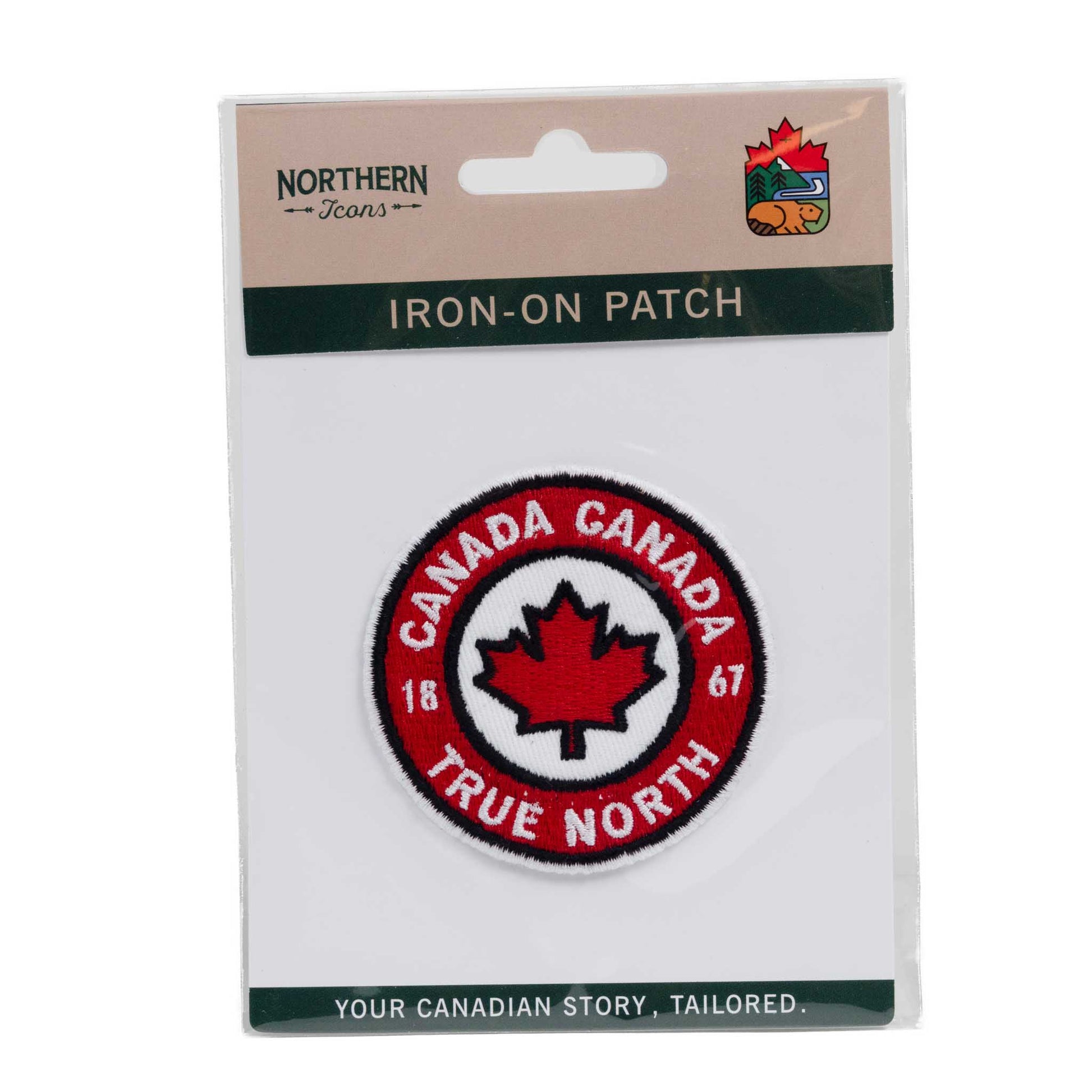 Canada Maple Leaf True North Round Iron-On Patch Packaged