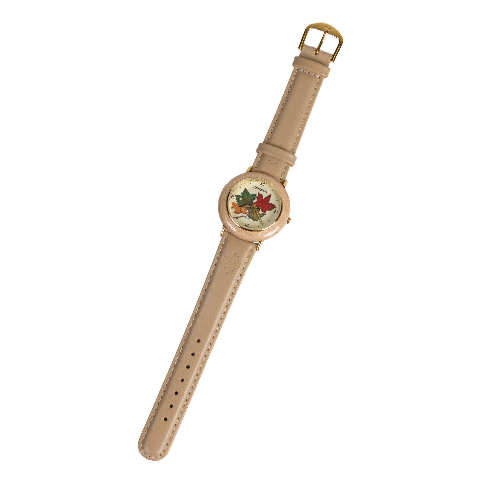Canada Maple Leaf Wooden Watch – Beige Leather Strap, 35mm