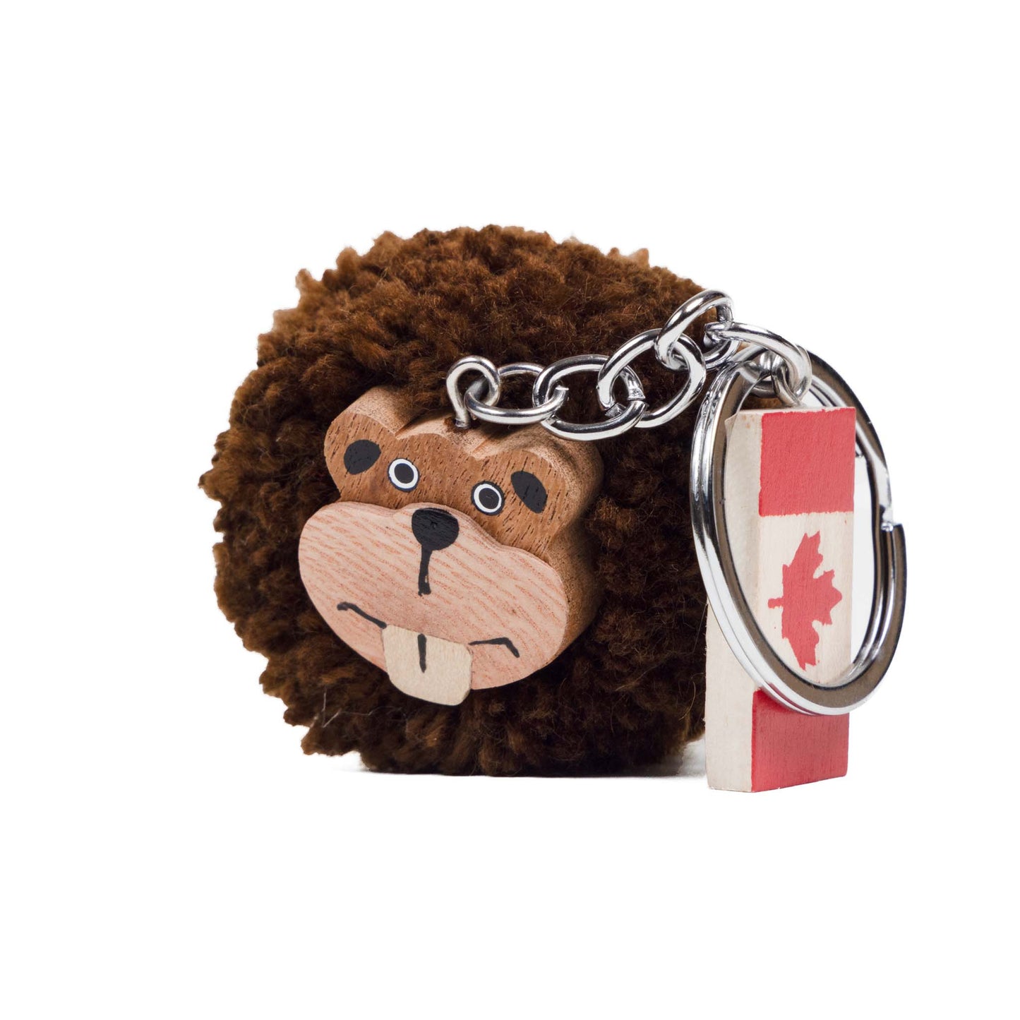 Canadian Beaver Keychain – Plush Pom-Pom with Wooden Details