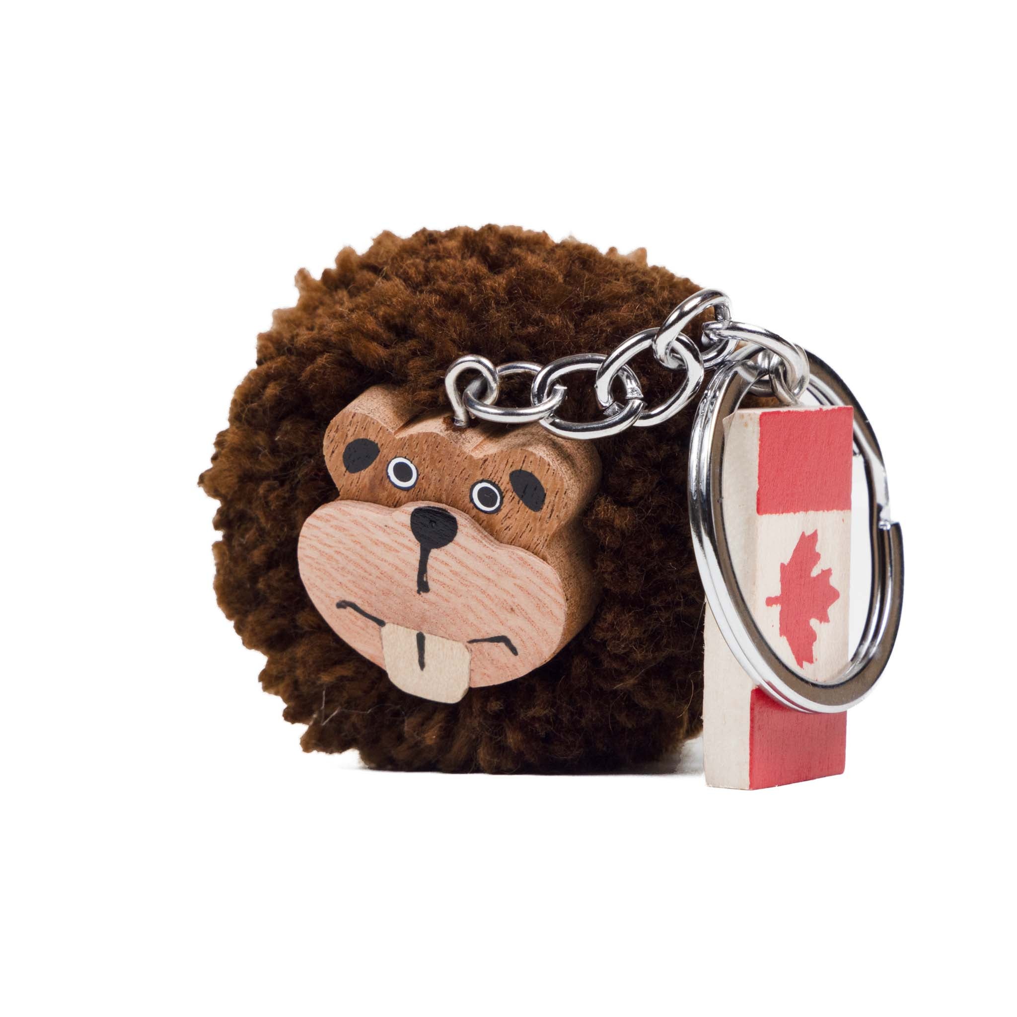 Canadian Beaver Keychain – Plush Pom-Pom with Wooden Details