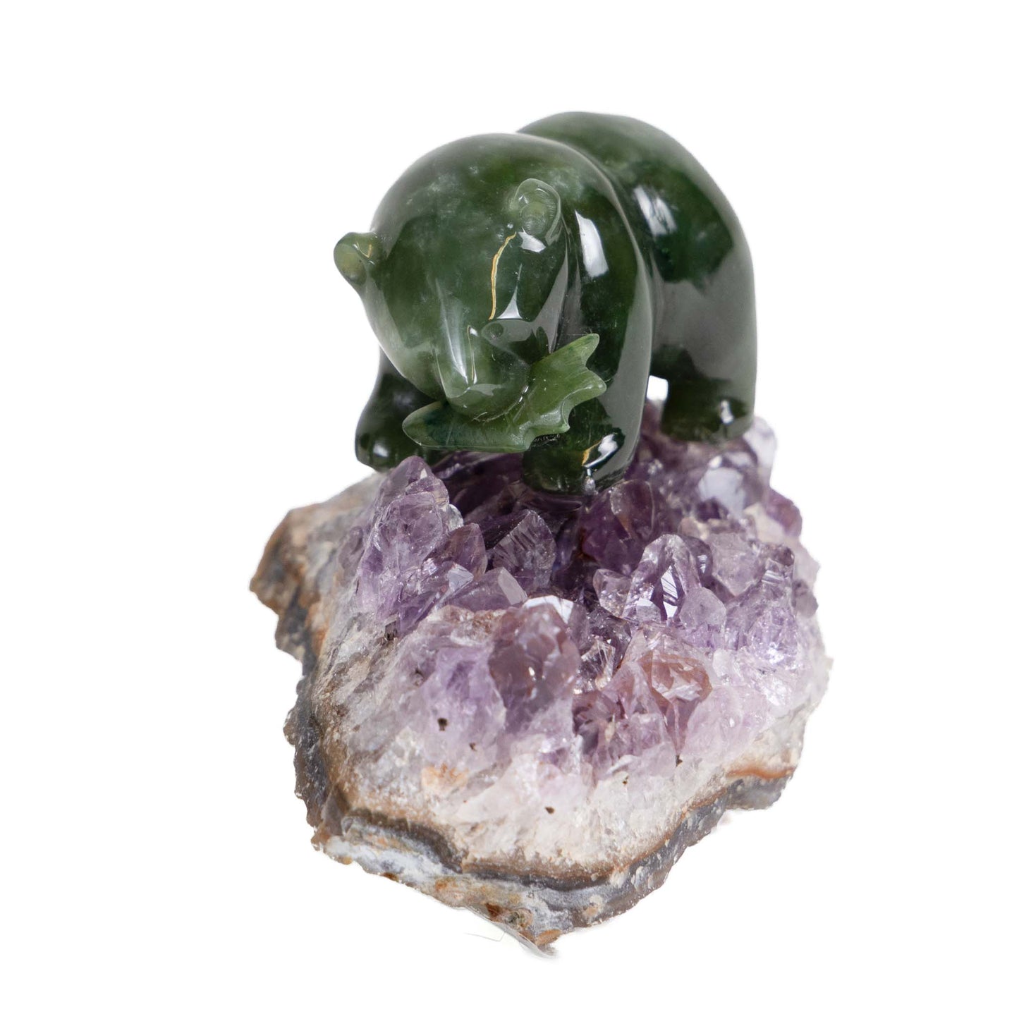 Canadian Jade - Bear holding a fish on Amethyst Cluster - 1.5 front