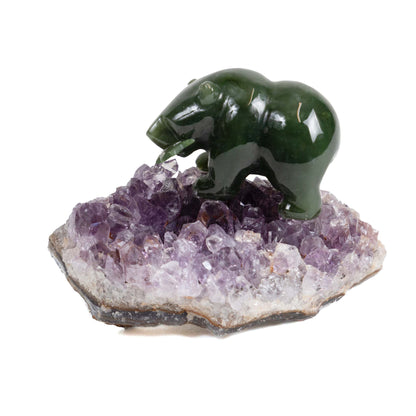 Canadian Jade - Bear holding a fish on Amethyst Cluster - 1.5 side