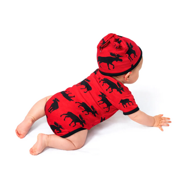Canadian Moose on Red Baby Bodysuit and Hat Set back