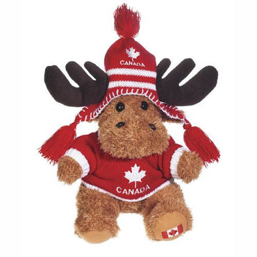 Canadian Moose Stuffed Animal in Red Maple Leaf Sweater - 9" Front View