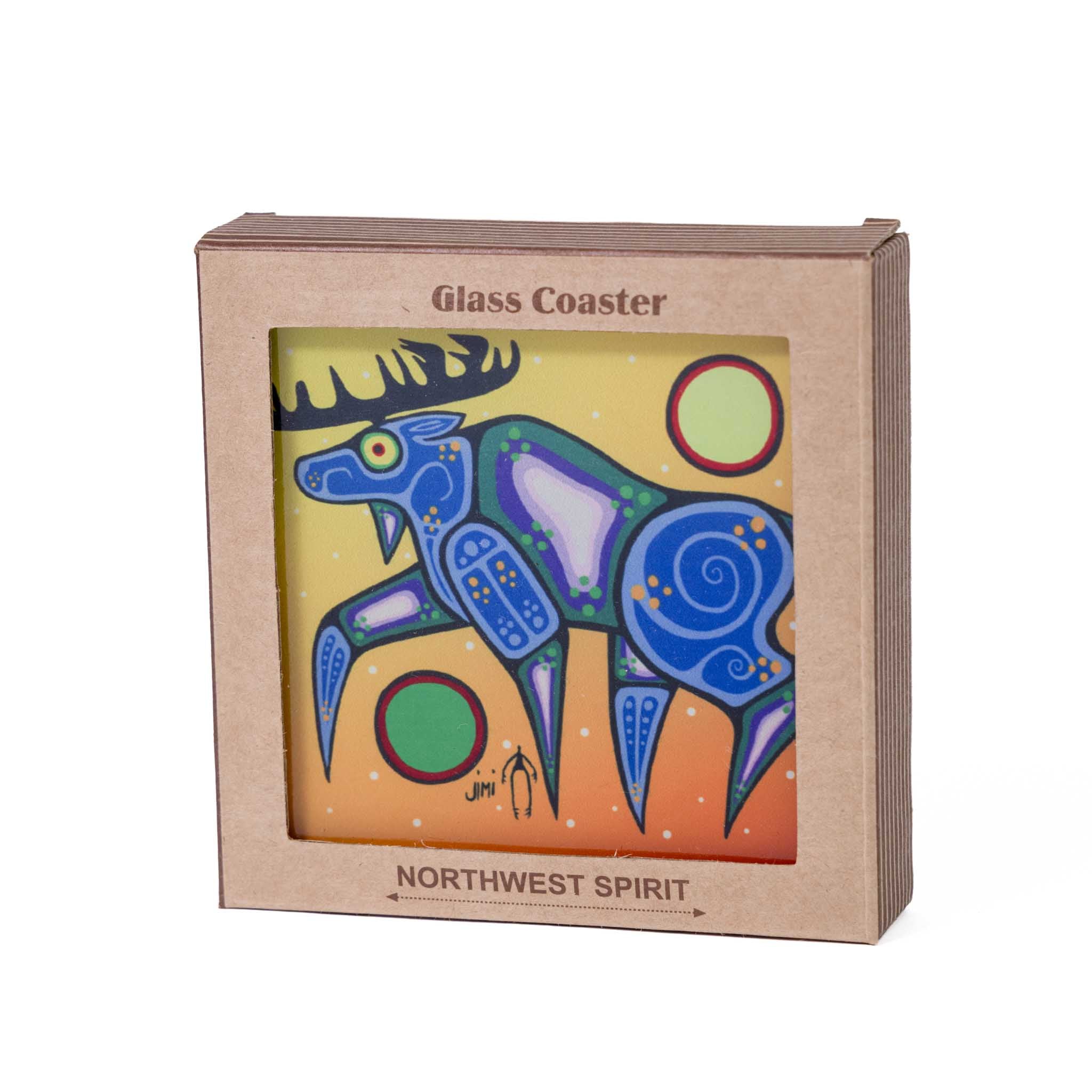 Glass coaster set - Moose by Jim Oskineegish Eabametoong - Set of 4 Front view