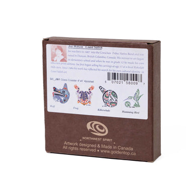 Glass coaster set - Wolf, Frog, Killerwhale, Humming Bird by  Joe Wilson - Set of 4 Back view with box