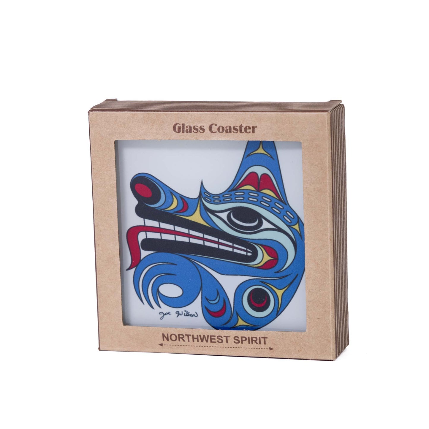 Glass Coaster Set - Wolf, Frog, Killerwhale, Humming Bird by  Joe Wilson - Set of 4