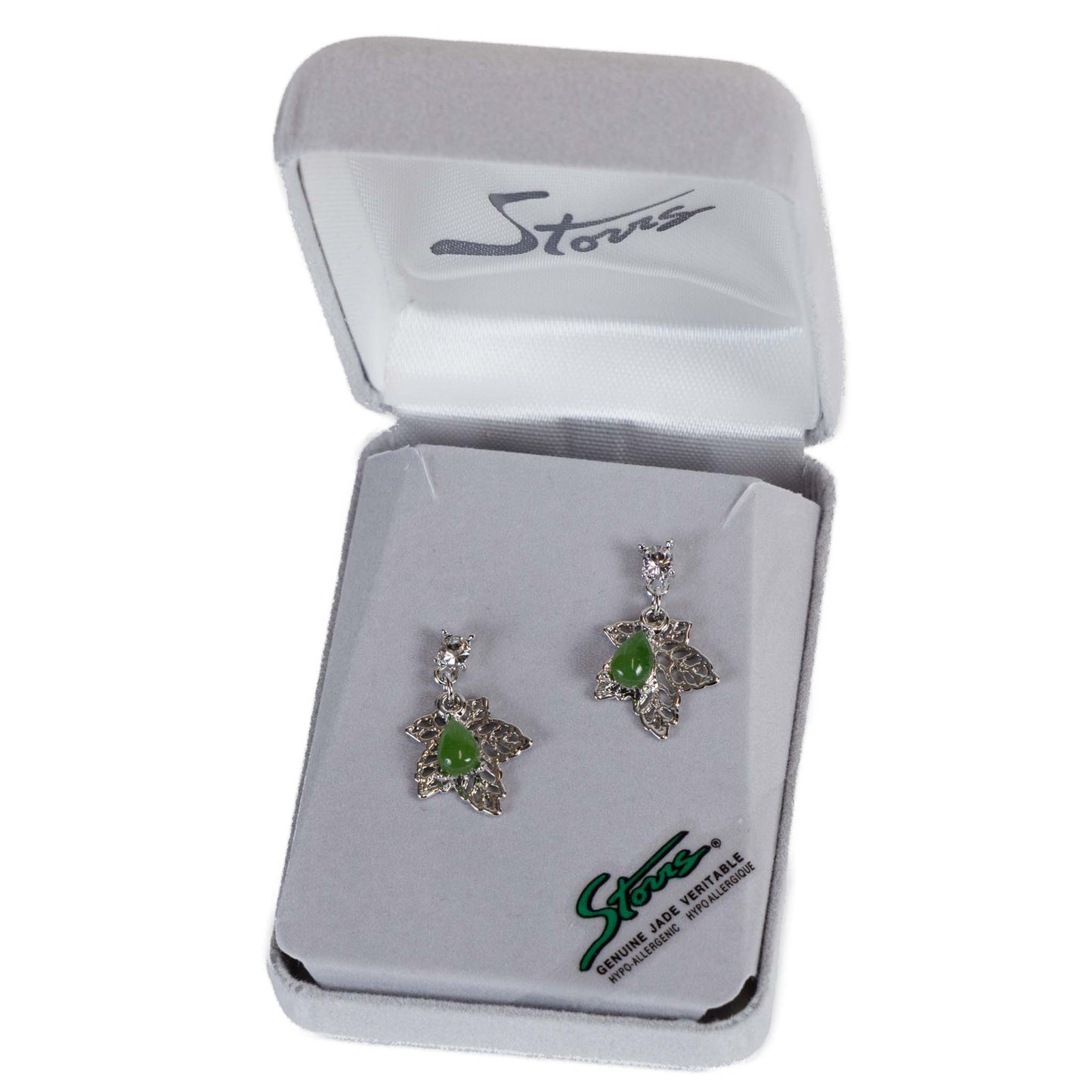 Jade Maple Leaf Earrings – Silver Tone