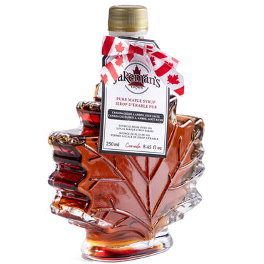 Jakeman's Pure Maple Syrup Canada Grade A Amber - 250ml Maple Leaf Glass Bottle Side View