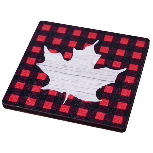 Maple Leaf on Red Plaid Background - Wooden Coaster