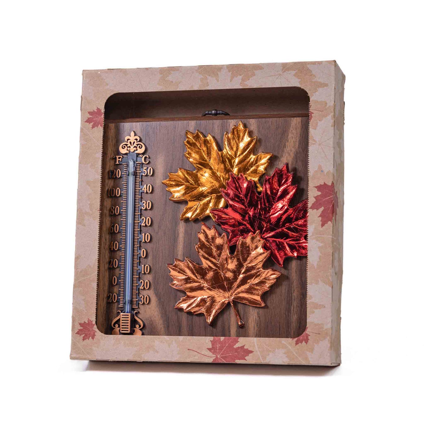 Canadian Maple Leaves Wall Plaque with Thermometoer - 8 x 8 inches with box