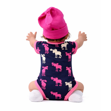 Raspberry Moose Baby Bodysuit and Hat Set back