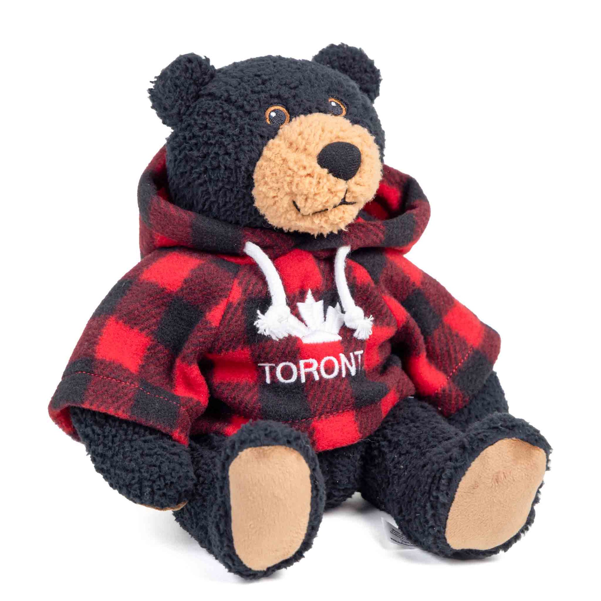 Toronto Black Bear Stuffed Animal in Plaid Hoodie 10' – Side View