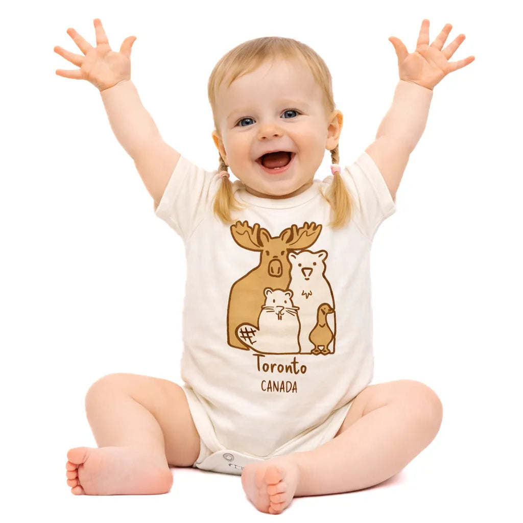 Toronto Canada Baby Bodysuit with Canadian Animals - front