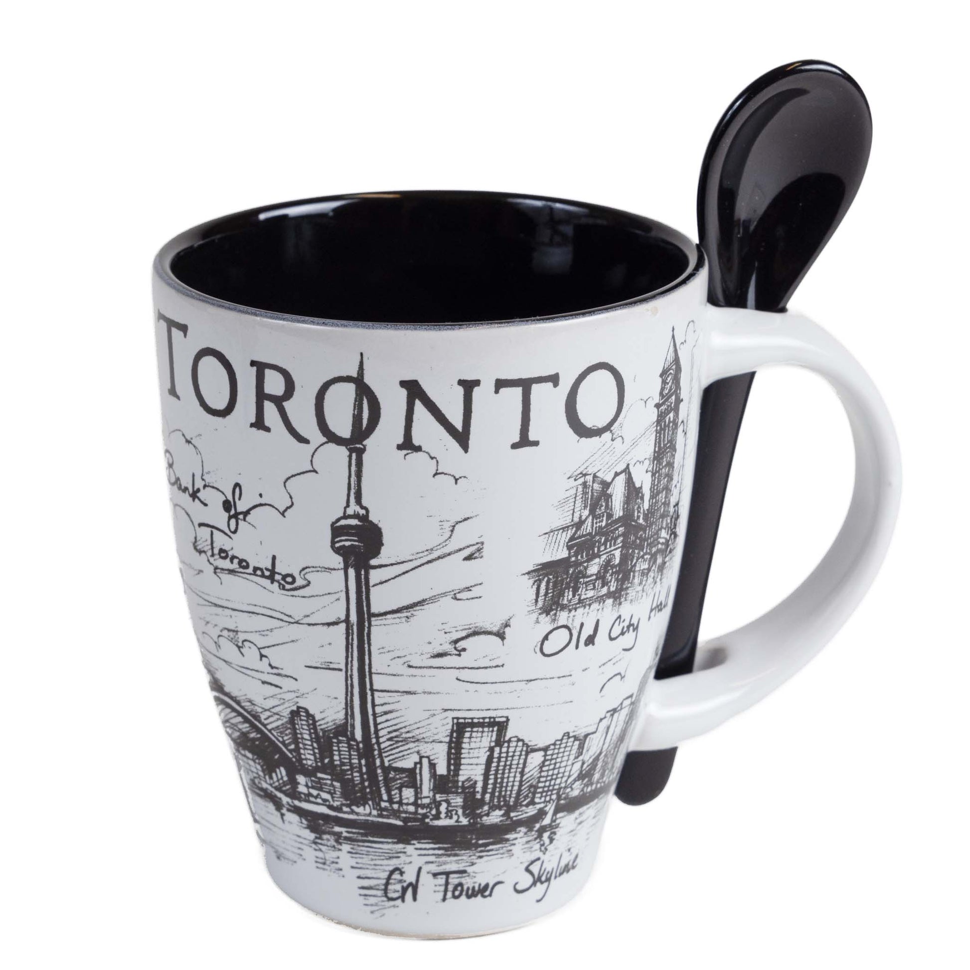 Toronto CN Tower Mug & Spoon Set - Black and White - 10oz Front view