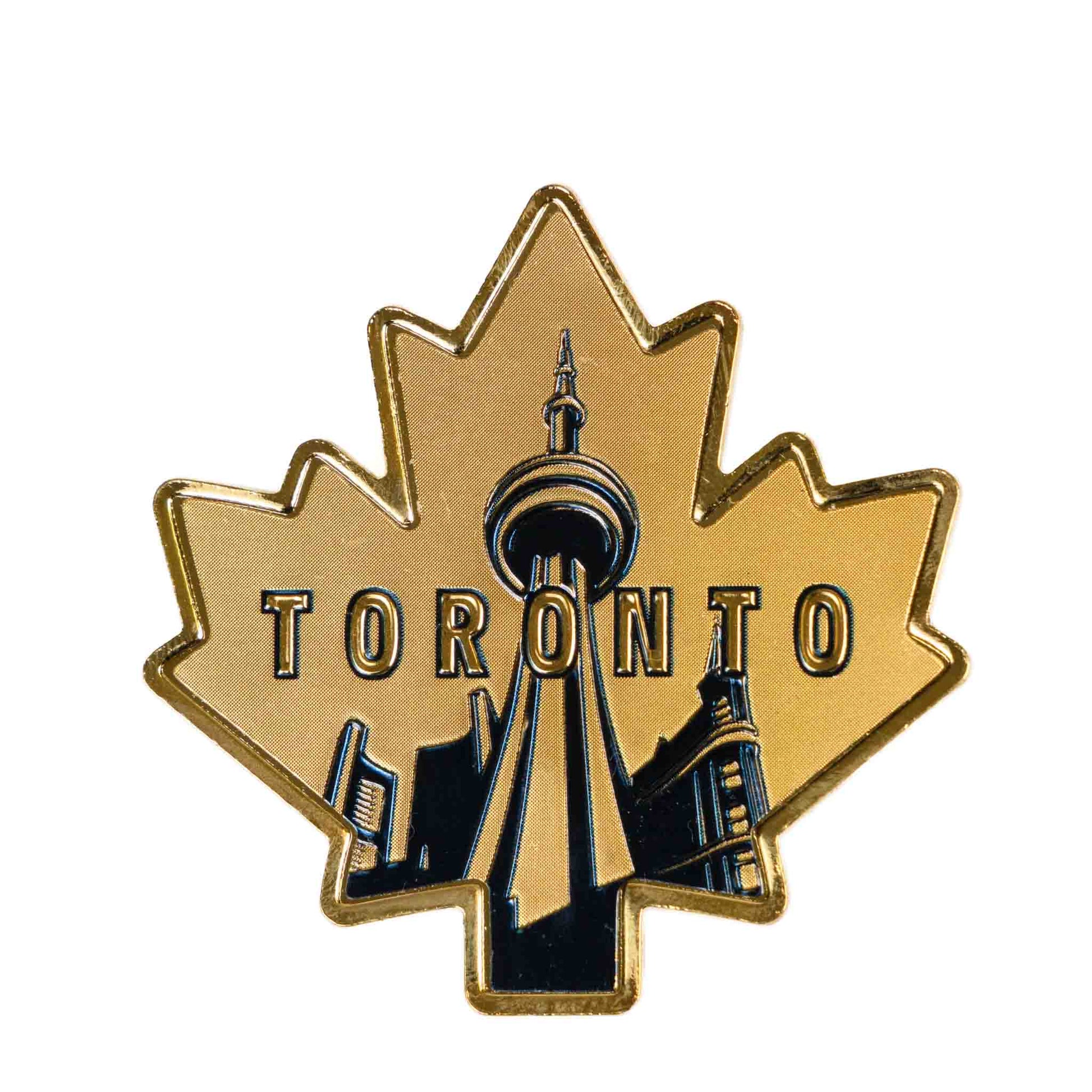 Toronto CN Tower on Maple Leaf Metal Magnet – Gold