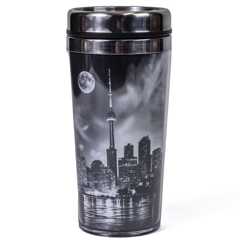 Toronto Skyline Black and White Travel Mug Back view