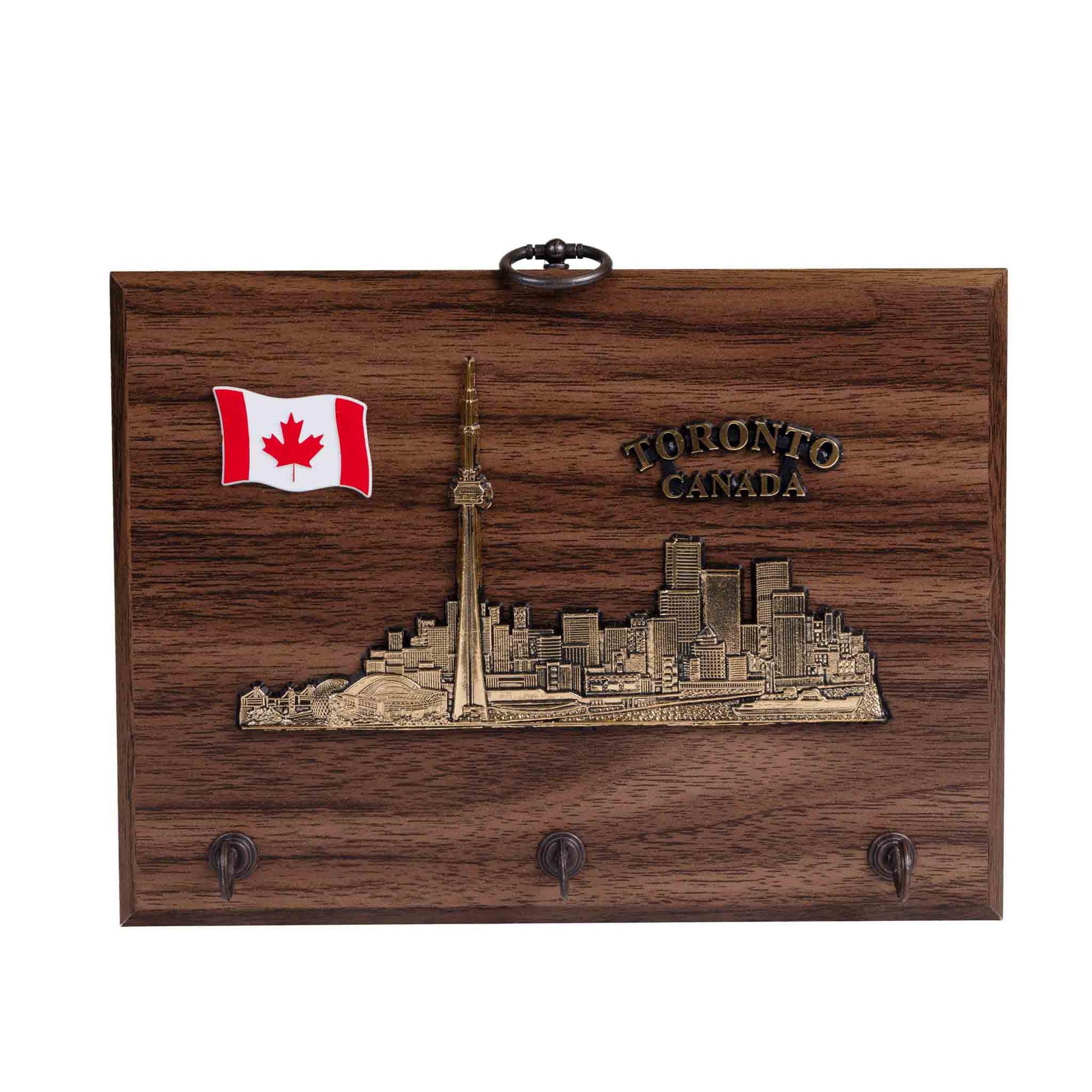 Toronto Skyline Wall Plaque with Keyholder - Hickory Finish - 8 x 6 inches