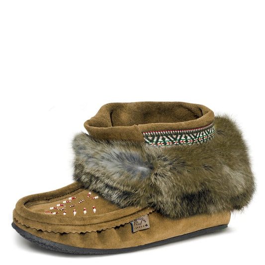 Women’s suede moccasins with 6 inches fur trim, beaded and lined crepe black sole