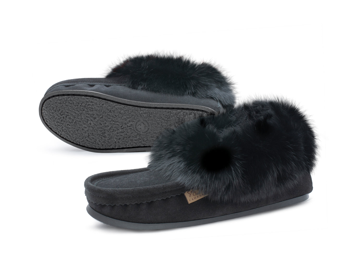 women’s suede moccasins with fur trim, beaded and crepe black sole