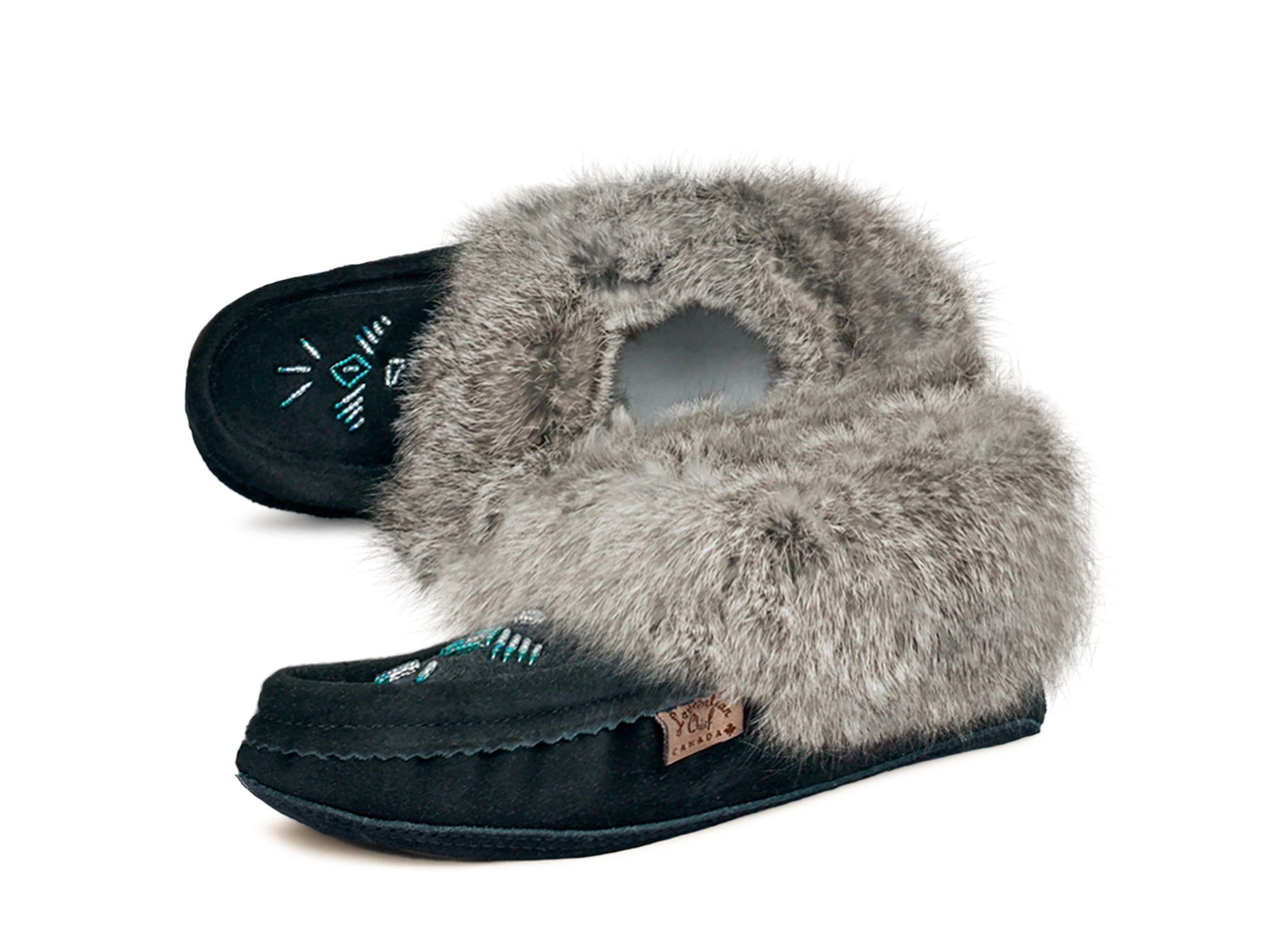 Women’s suede black moccasins with fur trim and beaded soft padded sole