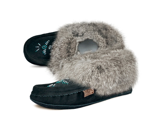 Women’s suede black moccasins with fur trim and beaded soft padded sole