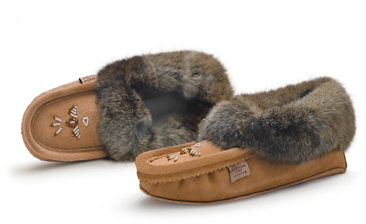 Women's suede brown moccasins with fur trim and beads